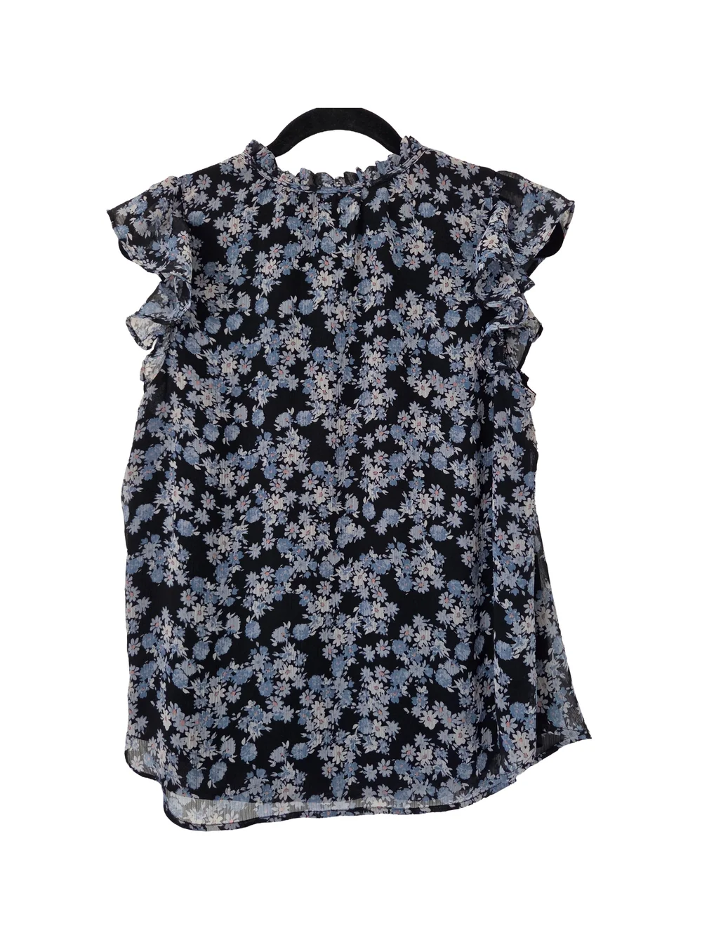 LOFT Navy Blue Floral Ruffle Sleeve Tie-Neck Blouse (M)